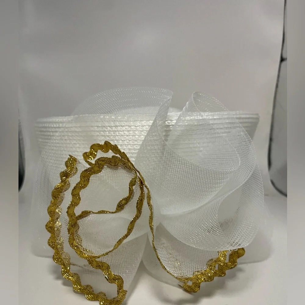 Hat Women's White Pillbox gold trim Large Mesh Bow church hat